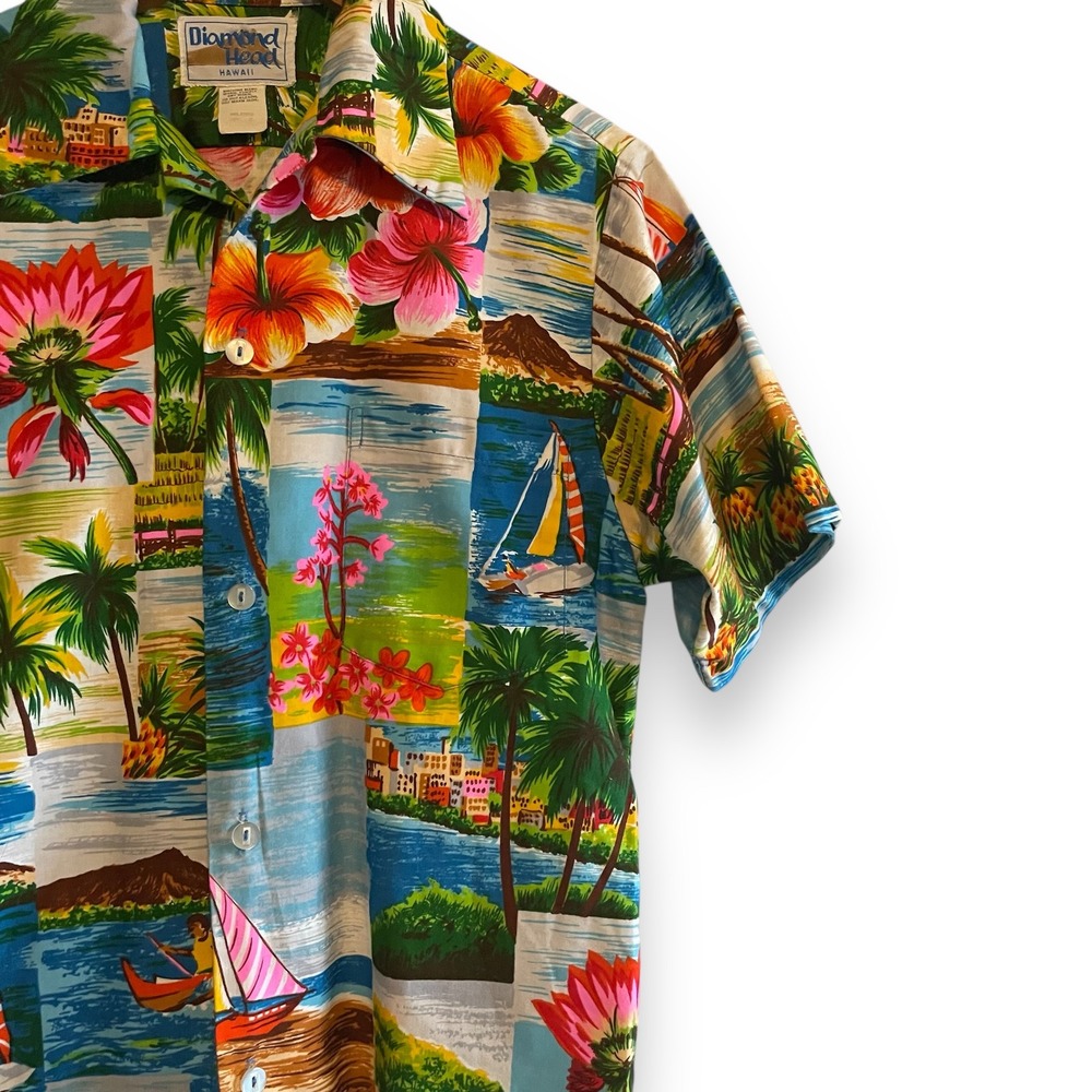 Diamond Head Hawaiian Shirt Men's Small All Over Print Island Sailboat Floral - Picture 4 of 6